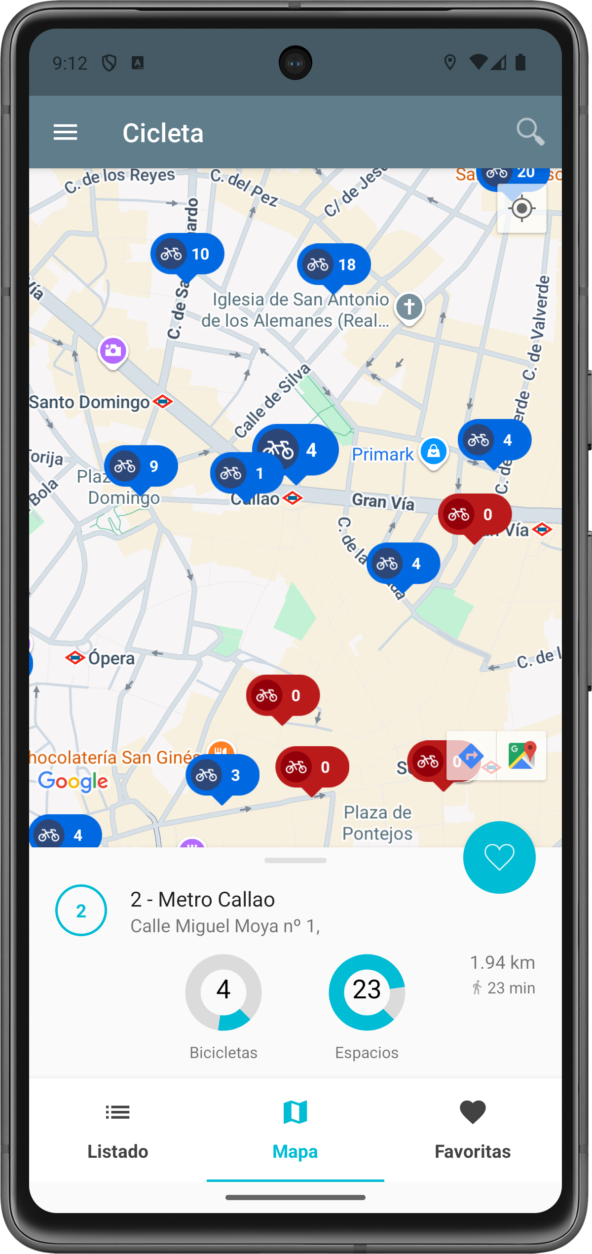 Captura de pantalla de Cicleta mostrando estaciones BiciMAD cercanas